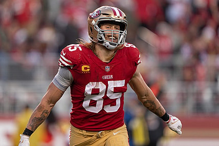 Dec 24, 2022; Santa Clara, California, USA;  San Francisco 49ers tight end George Kittle (85) celebrates during the fourth quarter against the Washington Commanders at Levi's Stadium. Mandatory Credit: Stan Szeto-USA TODAY Sports
