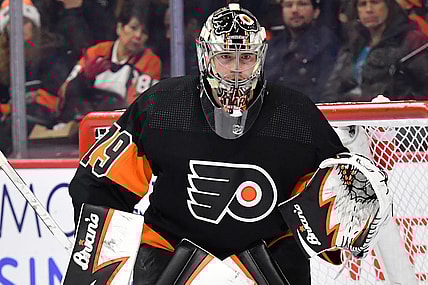 Dec 17, 2022; Philadelphia, Pennsylvania, USA; Philadelphia Flyers goaltender Carter Hart (79) against the New York Rangers at Wells Fargo Center. Mandatory Credit: Eric Hartline-USA TODAY Sports