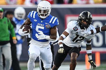 Dec 28, 2022; Annapolis, Maryland, USA; Duke Blue Devils wide receiver Jalon Calhoun (5) rushes during the first half against the Central Florida Knights in the 2022 Military Bowl at Navy-Marine Corps Memorial Stadium. Mandatory Credit: Tommy Gilligan-USA TODAY Sports