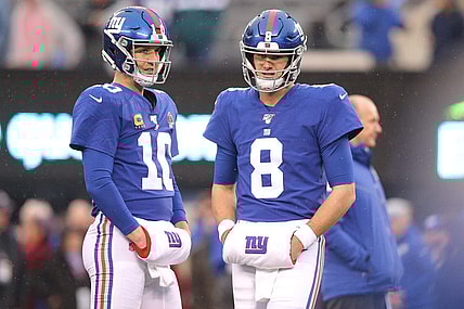 Dec 29, 2019; East Rutherford, New Jersey, USA; New York Giants quarterbacks Eli Manning (10) and Daniel Jones (8) warm up prior to their game against the Philadelphia Eagles at MetLife Stadium. Mandatory Credit: Brad Penner-USA TODAY Sports