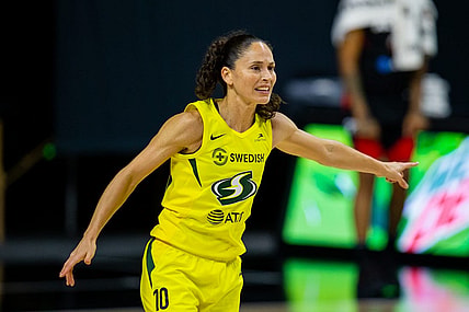 Oct 2, 2020; Bradenton, Florida, USA; Seattle Storm guard Sue Bird (10) directs the defense during game 1 of the WNBA finals against the Las Vegas Aces at IMG Academy. Mandatory Credit: Mary Holt-USA TODAY Sports
