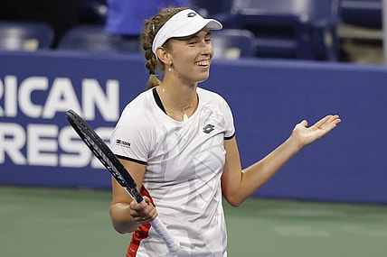 Sep 3, 2021; Flushing, NY, USA; Elise Mertens of Belgium reacts after her match against Ons Jabeur of Tunisia (not pictured) on day five of the 2021 U.S. Open tennis tournament at USTA Billie Jean King National Tennis Center. Mandatory Credit: Geoff Burke-USA TODAY Sports