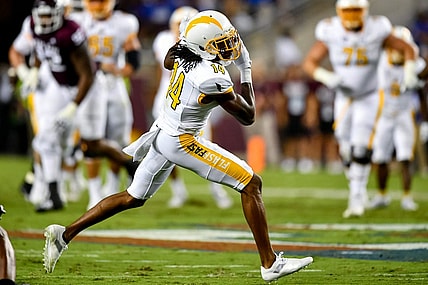 Sep 4, 2021;  College Station, Texas, USA;  Kent State Golden Flashes wide receiver Dante Cephas (14) receives the pass from Kent State Golden Flashes quarterback Dustin Crum (not shown) during the second quarter against the Texas A&M Aggies at Kyle Field. Mandatory Credit: Maria Lysaker-USA TODAY Sports