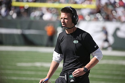 Offensive coordinator Mike LaFleur on the sidelines in the second half as the New England Patriots defeated the NY Jets 25-6 at MetLife Stadium in East Rutherford, NJ on September 19, 2021.

The New England Patriots Came To Play The Ny Jets At Metlife Stadium In East Rutherford Nj On September 19 2021