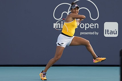 Mar 24, 2022; Miami Gardens, FL, USA; Heather Watson (GBR) hits a forehand against Elina Svitolina (UKR) (not pictured) in a second round women's singles match in the Miami Open at Hard Rock Stadium. Mandatory Credit: Geoff Burke-USA TODAY Sports