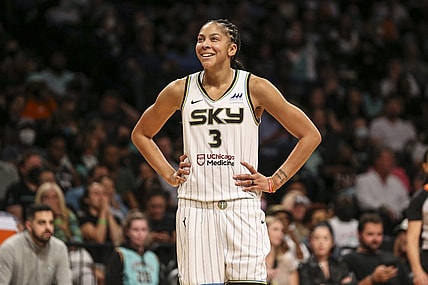 Aug 23, 2022; Brooklyn, New York, USA; Chicago Sky forward Candace Parker (3) reacts after being called for a foul in the third quarter against the New York Liberty at Barclays Center. Mandatory Credit: Wendell Cruz-USA TODAY Sports