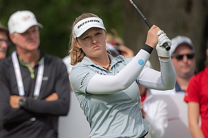 Aug 27, 2022; Ottawa, Ontario, CAN; Brooke Henderson from Canada looks up the fairway of the 1st hole after teeing off during the third round of the CP Women's Open golf tournament. Mandatory Credit: Marc DesRosiers-USA TODAY Sports