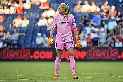 Aug 28, 2022; Kansas City, Kansas, USA; North Carolina Courage goalkeeper Casey Murphy (1) reacts to a play during the second half against the Kansas City Current at Children's Mercy Park. Mandatory Credit: Amy Kontras-USA TODAY Sports