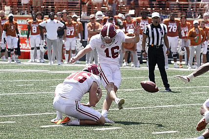 Sep 10, 2022; Austin, Texas, USA; Alabama Crimson Tide kicker Will Reichard (16) kicks the game winning field goal at the end of the second half against the Texas Longhorns at Darrell K Royal-Texas Memorial Stadium. Mandatory Credit: Scott Wachter-USA TODAY Sports