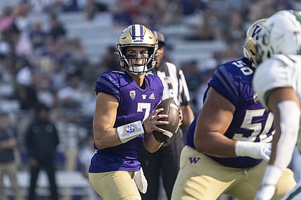 Sep 10, 2022; Seattle, Washington, USA; Washington Huskies quarterback Sam Huard (7) looks to pass during the second half against the Portland State Vikings at Alaska Airlines Field at Husky Stadium. Mandatory Credit: Stephen Brashear-USA TODAY Sports