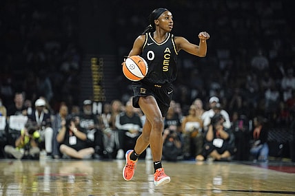 Sep 13, 2022; Las Vegas, Nevada, USA; Las Vegas Aces guard Jackie Young (0) dribbles the ball during the first quarter against the Connecticut Sun in game two of the WNBA Finals at Michelob Ultra Arena. Mandatory Credit: Lucas Peltier-USA TODAY Sports
