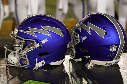 Sep 16, 2022; Laramie, Wyoming, USA; A general view of  Air Force Falcons helmets against  the Wyoming Cowboys during the third quarter at Jonah Field at War Memorial Stadium. Mandatory Credit: Troy Babbitt-USA TODAY Sports