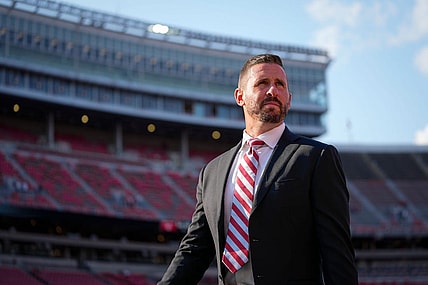 Sep 17, 2022; Columbus, Ohio, USA; Ohio State Buckeyes passing game coordinator Brian Hartline walks across the field prior to the NCAA Division I football game against the Toledo Rockets at Ohio Stadium. Mandatory Credit: Adam Cairns-The Columbus Dispatch

Ncaa Football Toledo Rockets At Ohio State Buckeyes