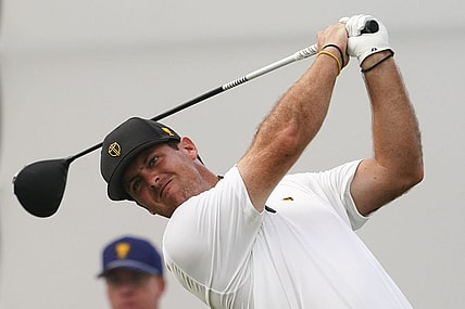 Sep 22, 2022; Charlotte, North Carolina, USA; International Team golfer Mito Pereira hits his tee shot on the 16th hole during the foursomes match play of the Presidents Cup golf tournament at Quail Hollow Club. Mandatory Credit: Peter Casey-USA TODAY Sports