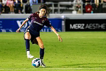 Sep 24, 2022; Cary, North Carolina, USA; North Carolina Courage defender Ryan Williams (13) controls the ball during the second half against the New Jersey/New York Gotham FC at WakeMed Soccer Park. Mandatory Credit: Jaylynn Nash-USA TODAY Sports
