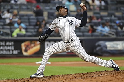 Oct 2, 2022; Bronx, New York, USA;  New York Yankees relief pitcher Aroldis Chapman (54) pitches in the seventh inning against the Baltimore Orioles at Yankee Stadium. Mandatory Credit: Wendell Cruz-USA TODAY Sports
