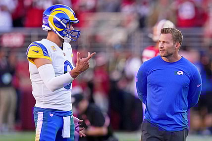 Oct 3, 2022; Santa Clara, California, USA; Los Angeles Rams quarterback Matthew Stafford (left) and head coach Sean McVay talk during warmups before the game against the San Francisco 49ers at Levi's Stadium. Mandatory Credit: Kyle Terada-USA TODAY Sports