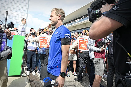 Oct 23, 2022; Austin, Texas, USA; Haas F1 Team driver Kevin Magnussen (20) of Team Denmark walks on to the track before the running of the U.S. Grand Prix F1 race at Circuit of the Americas. Mandatory Credit: Jerome Miron-USA TODAY Sports