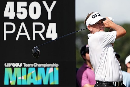 Oct 29, 2022; Miami, Florida, USA; Ian Poulter tees off on the 17th hole during the second round of the season finale of the LIV Golf series at Trump National Doral. Mandatory Credit: Jasen Vinlove-USA TODAY Sports
