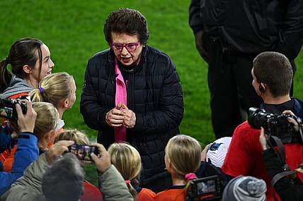 Oct 29, 2022; Washington, D.C., USA; Billie Jean King reacts with fans before the game between Kansas City Current and Portland Thorns FC at Audi Field. Mandatory Credit: Tommy Gilligan-USA TODAY Sports