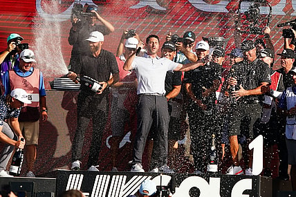 Oct 30, 2022; Miami, Florida, USA; Dustin Johnson , Patrick Reed , Talor Gooch and Pat Perez celebrates team 4Aces GC winning the season finale of the LIV Golf series at Trump National Doral. Mandatory Credit: John David Mercer-USA TODAY Sports