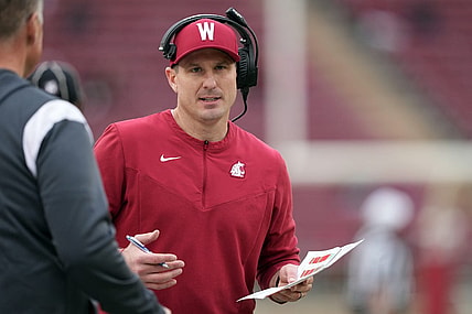 Nov 5, 2022; Stanford, California, USA; Washington State Cougars head coach Jake Dickert walks along the sideline during the fourth quarter against the Stanford Cardinal at Stanford Stadium. Mandatory Credit: Darren Yamashita-USA TODAY Sports