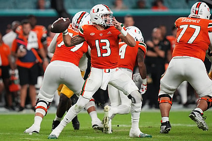 Nov 26, 2022; Miami Gardens, Florida, USA; Miami Hurricanes quarterback Jake Garcia (13) attempts a pass against the Pittsburgh Panthers during the second half at Hard Rock Stadium. Mandatory Credit: Jasen Vinlove-USA TODAY Sports