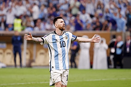 Dec 18, 2022; Lusail, Qatar; Argentina forward Lionel Messi (10) reacts after making his shot during a penalty shootout in the 2022 World Cup final at Lusail Stadium. Mandatory Credit: Yukihito Taguchi-USA TODAY Sports