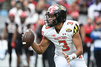 Dec 30, 2022; Charlotte, NC, USA; Maryland Terrapins quarterback Taulia Tagovailoa (3) looks to pass in the second quarter in the 2022 Duke's Mayo Bowl at Bank of America Stadium. Mandatory Credit: Bob Donnan-USA TODAY Sports