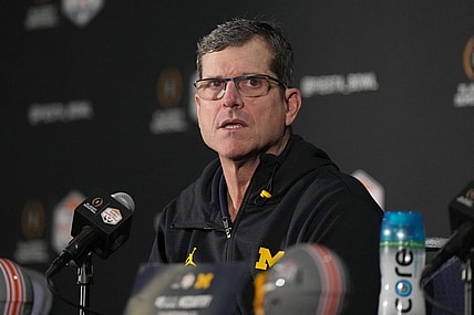 Dec 31, 2022; Glendale, Arizona, USA; Michigan Wolverines head coach Jim Harbaugh speaks to the media after the 2022 Fiesta Bowl won by the TCU Horned Frogs, 51-45, at State Farm Stadium. Mandatory Credit: Kirby Lee-USA TODAY Sports