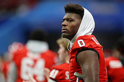 Dec 31, 2022; Atlanta, Georgia, USA; Georgia Bulldogs tight end Darnell Washington (0) looks on from the sideline after exiting the game with an injury against the Ohio State Buckeyes during the third quarter of the 2022 Peach Bowl at Mercedes-Benz Stadium. Mandatory Credit: Brett Davis-USA TODAY Sports