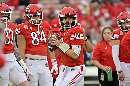 Jan 2, 2023; Pasadena, California, USA; Utah Utes quarterback Cameron Rising (7) warms up before the game between the Utah Utes and the Penn State Nittany Lions at Rose Bowl. Mandatory Credit: Jayne Kamin-Oncea-USA TODAY Sports