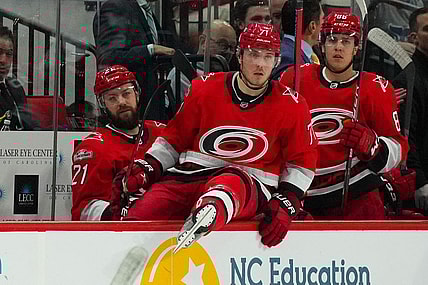 Dec 20, 2022; Raleigh, North Carolina, USA;  Carolina Hurricanes center Martin Necas (88) against the New Jersey Devils during the second period at PNC Arena. Mandatory Credit: James Guillory-USA TODAY Sports