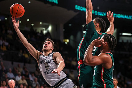Jan 4, 2023; Atlanta, Georgia, USA; Georgia Tech Yellow Jackets guard Lance Terry (0) shoots against the Miami Hurricanes in the second half at McCamish Pavilion. Mandatory Credit: Brett Davis-USA TODAY Sports