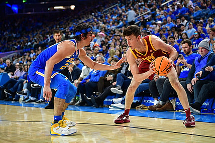 Jan 5, 2023; Los Angeles, California, USA; Southern California Trojans guard Drew Peterson (13) moves the ball against UCLA Bruins guard Jaime Jaquez Jr. (24) during the second half at Pauley Pavilion. Mandatory Credit: Gary A. Vasquez-USA TODAY Sports