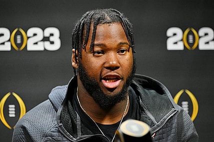 Jan 7, 2023; Los Angeles, California, USA; Georgia Bulldogs offensive lineman Sedrick Van Pran (63) talks to media on media day before the 2023 CFP National Championship game at Los Angeles Convention Center. Mandatory Credit: Jayne Kamin-Oncea-USA TODAY Sports