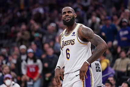 Jan 7, 2023; Sacramento, California, USA; Los Angeles Lakers forward LeBron James (6) reacts after being called for an offensive foul against the Sacramento Kings in the fourth quarter at the Golden 1 Center. Mandatory Credit: Cary Edmondson-USA TODAY Sports