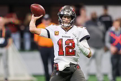 Jan 8, 2023; Atlanta, Georgia, USA; Tampa Bay Buccaneers quarterback Tom Brady (12) throws a pass against the Atlanta Falcons in the first quarter at Mercedes-Benz Stadium. Mandatory Credit: Brett Davis-USA TODAY Sports