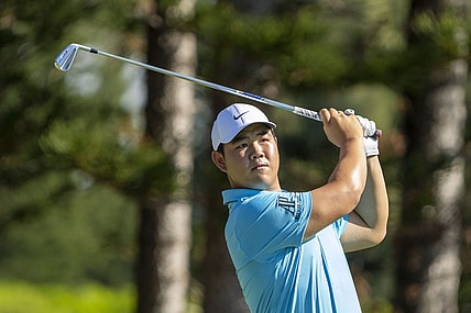 January 8, 2023; Maui, Hawaii, USA; Tom Kim hits his tee shot on the second hole during the final round of the Sentry Tournament of Champions golf tournament at Kapalua Resort - The Plantation Course. Mandatory Credit: Kyle Terada-USA TODAY Sports