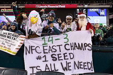 Jan 8, 2023; Philadelphia, Pennsylvania, USA; Philadelphia Eagles fans cheer on during the fourth quarter against the New York Giants at Lincoln Financial Field. Mandatory Credit: Bill Streicher-USA TODAY Sports