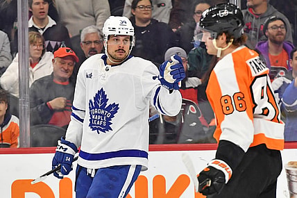 Jan 8, 2023; Philadelphia, Pennsylvania, USA; Toronto Maple Leafs center Auston Matthews (34) reacts after scores a goal against the Philadelphia Flyers during the third period at Wells Fargo Center. Mandatory Credit: Eric Hartline-USA TODAY Sports