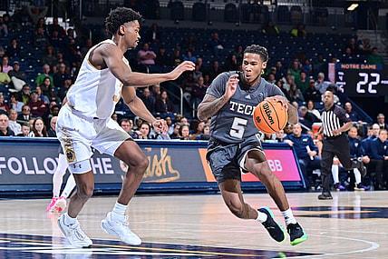 Jan 10, 2023; South Bend, Indiana, USA; Georgia Tech Yellow Jackets guard Deivon Smith (5) drives to the basket as Notre Dame Fighting Irish guard Trey Wertz (3) defends in the first half at the Purcell Pavilion. Mandatory Credit: Matt Cashore-USA TODAY Sports