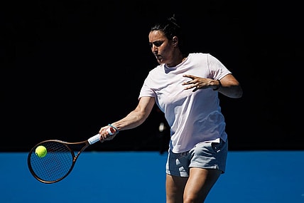 Jan 14, 2023; Melbourne, Victoria, Australia; Ons Jabeur of Tunisia hits a shot during a practice session at Kia Arena at Melbourne Park. Mandatory Credit: Mike Frey-USA TODAY Sports