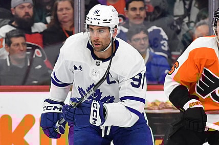Jan 8, 2023; Philadelphia, Pennsylvania, USA; Toronto Maple Leafs center John Tavares (91) against the Philadelphia Flyers at Wells Fargo Center. Mandatory Credit: Eric Hartline-USA TODAY Sports