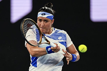 Jan 17, 2023; Melbourne, VICTORIA, Australia; Ons Jabeur on day two during the 2023 Australian Open tennis tournament at Melbourne Park. Mandatory Credit: Mike Frey-USA TODAY Sports