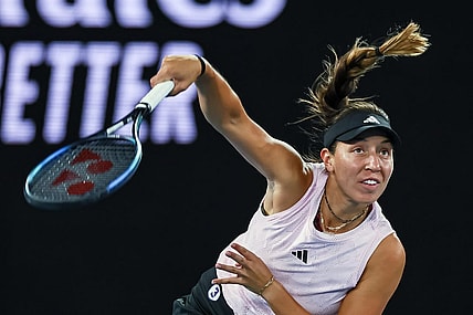 Jan 18, 2023; Melbourne, Victoria, Australia; Jessica Pegula during her second round match against Aliaksandra Sasnovich on day three of the 2023 Australian Open tennis tournament at Melbourne Park. Mandatory Credit: Mike Frey-USA TODAY Sports