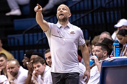 Jan 19, 2023; West Long Branch, New Jersey, USA; Charleston Cougars head coach Pat Kelsey reacts during the second half against the Monmouth Hawks at OceanFirst Bank Center. Mandatory Credit: John Jones-USA TODAY Sports