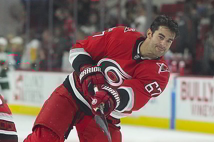 Jan 19, 2023; Raleigh, North Carolina, USA; Carolina Hurricanes left wing Max Pacioretty (67) takes a shot during warmups against the Minnesota Wild at PNC Arena. Mandatory Credit: James Guillory-USA TODAY Sports