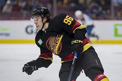 Jan 20, 2023; Vancouver, British Columbia, CAN; Vancouver Canucks forward Andrei Kuzmenko (96) skates against the Colorado Avalanche in the first period at Rogers Arena. Mandatory Credit: Bob Frid-USA TODAY Sports
