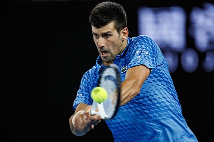 Jan 21, 2023; Melbourne, Victoria, Australia; Novak Djokovic of Serbia celebrates his victory over Grigor Dimitrov of Bulgaria on day six of the 2023 Australian Open tennis tournament at Melbourne Park. Mandatory Credit: Mike Frey-USA TODAY Sports